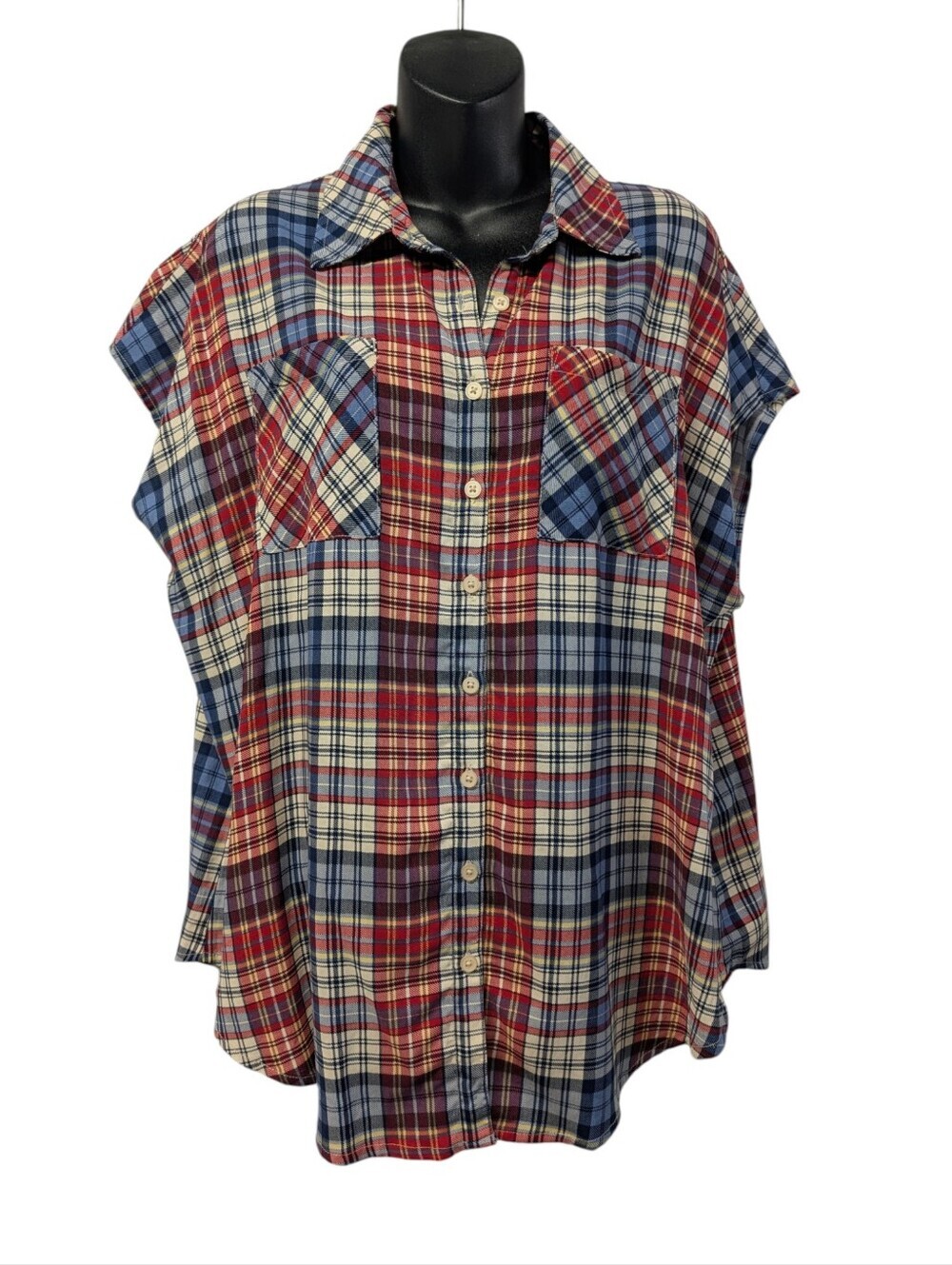 Torrid Plaid Button Up Shirt Size 00 (L) Red Blue Sleeveless Viscose Lyocell